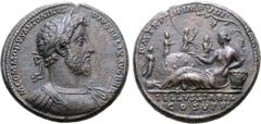Roman Imperial Commodus Æ Medallion. Rome, AD 186-187. M COMMODVS ANTONINVS PIVS FELIX AVG BRIT, laureate and cuirassed bust right / P M TR P XII IMP VIII, Tellus reclining left, left arm resting on b