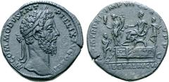 Roman Imperial Commodus Æ Sestertius. Rome, AD 186. M COMMODVS ANT P FELIX AVG BRIT, laureate head right / P M TR P XI IMP VII COS V P P, Commodus seated to left on platform, officer behind, Liberalit