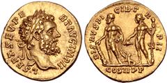 Roman Imperial Septimius Severus AV Aureus. Rome, AD 194. L•SEPT•SEV•PERT•AVG•IMP II, laureate head right / DIS•AVSPICIB•TR P II, Hercules standing to left, holding club and with lion's skin draped ov