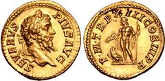 Roman Imperial Septimius Severus AV Aureus. Rome, AD 205. SEVERVS PIVS AVG, laureate head right / P M TR P XIII COS III P P, Jupiter standing left, holding thunderbolt and sceptre, eagle standing to l