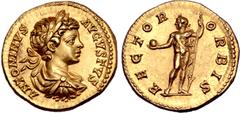 Roman Imperial Caracalla AV Aureus. Rome, AD 199-200. ANTONINVS AVGVSTVS, laureate, draped, and cuirassed bust right / RECTOR ORBIS, Sol, radiate, naked except for cloak falling over left shoulder, st