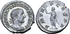 Roman Imperial Gordian I Africanus AR Denarius. Rome, March-April AD 238. IMP M ANT GORDIANVS AFR AVG, laureate, draped and cuirassed bust right / P M TR P COS P P, Gordian standing facing, head left,