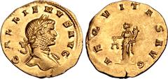 Roman Imperial Gallienus AV Aureus. Siscia, AD 260-262. GALLIENVS AVG, laureate head right, drapery on shoulders / AEQVITAS AVG, Aequitas standing facing, head left, holding scales and cornucopiae. RI
