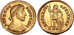 Roman Imperial Procopius AV Solidus. Constantinople, September - 31 December AD 365. D N PROCOPIVS P F AVG, pearl-diademed, draped and cuirassed bust right / REPARATIO FEL TEMP, Procopius, in military