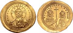 Byzantine Basil II Bulgaroktonos, with Constantine VIII, AV Histamenon Nomisma. Constantinople, AD 1005-1025. + IҺS XIS RЄX RЄGNANTIҺM, bust of Christ facing, wearing nimbus with crescents in upper qu