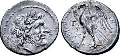 Greek Sicily, Akragas AR Drachm or Half-Shekel. Punic occupation, circa 213-210 BC. Laureate head of Zeus right / Eagle standing to left with wings spread; TΦΞ in left field, AKPAΓANTINΩN around. Burn