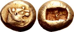 Greek Kingdom of Lydia, Alyattes EL Trite - 1/3 Stater. Sardes, circa 610-546 BC. Head of roaring lion right, sunburst with multiple rays on forehead / Two incuse square punches. Traité II/1, 44, pl. 