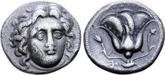 Greek Rhodos, Rhodes AR Didrachm. Circa 304-275 BC. Head of Helios facing slightly right / Rose with buds to left and right; POΔION above, A and trident head left above and below left hand bud. Ashton