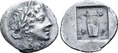 Greek Lykian League, Kragos AR Hemidrachm. Circa 35-30 BC. Laureate head of Apollo right, Λ behind, Y before / Kithara of four strings, K-P across lower fields; all within shallow incuse square. Troxe
