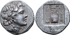 Greek Lykian League, Masikytes AR Hemidrachm. Circa 48-42 BC. Laureate head of Apollo right; Λ behind, Y in front / Kithara of four strings; palm frond in background; M-A across lower fields; all with