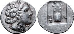 Greek Lykian League, Masikytes AR Hemidrachm. Circa 48-42 BC. Laureate head of Apollo right; Λ behind, Y in front / Kithara of four strings, M-A across lower fields, plectrum below on left; all within