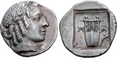 Greek Lykian League, Masikytes AR Hemidrachm. Circa 42 BC. Laureate head of Apollo right; [Λ] behind, Y in front / Kithara of five strings, M-A across upper fields, branch in lower right field; all wi