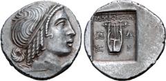 Greek Lykian League, Masikytes AR Hemidrachm. Circa 35-30 BC. Head of Apollo right, wearing taenia / Kithara of three strings, LYKIΩN above, M-A across upper fields, Σ-I across lower fields; all withi