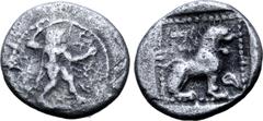 Greek Cyprus, Kition AR Sixth Stater(?). Struck under Baalmelek I, circa 479-449 BC. Herakles, wearing lion skin, advancing right holding club and bow / Lion seated right; kings name in Aramaic above 