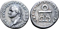 Roman Imperial Titus AR Denarius. Rome, AD 80. IMP TITVS CAES VESPASIAN AVG P M, laureate head left / TR P IX IMP XV COS VIII P P, curule chair with wreath above. RIC 109; RSC 319; BMCRE 70. 2.92g, 18