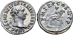 Roman Imperial Trajan AR Denarius. Rome, circa AD 98-99. IMP CAES NERVA TRAIAN AVG GERM, laureate head right / P M TR P COS III P P, Concordia seated left, holding patera over lighted and garlanded al