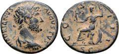Roman Imperial Hadrian Æ Semis or Quadrans. Rome, AD 125-128. HADRIANVS AVGVSTVS, laureate, draped and cuirassed bust right / COS III, Roma seated left on cuirass, holding Victory and spear; SC in exe