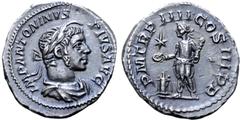 Roman Imperial Elagabalus AR Denarius. Rome, AD 220-221. IMP ANTONINVS PIVS AVG, laureate, draped bust right wearing 'horn' / P M TR P IIII COS III P P, Elagabalus standing left, sacrificing over ligh