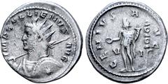 Roman Imperial Gallienus AR Antoninianus. Rome, AD 260-261. IMP GALLIENVS AVG, radiate and cuirassed bust left, holding spear and shield; gorgon(?) head on shield / GENIVS AVG, Genius standing left, h