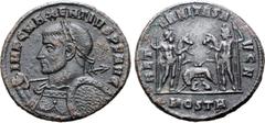 Roman Imperial Maxentius Æ Nummus. Ostia, AD 308/9. IMP C MAXENTIVS P F AVG, laureate and cuirassed head left, holding spear over right shoulder, and shield on left / AETERNITAS AVG N, the Dioscuri st