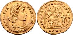 Roman Imperial Constantius II AV Solidus. Constantinople, 337-340. D N CONSTANTIVS AVG, rosette diademed, draped and cuirassed bust right / VICTORIA CONSTANTI AVG, Victory seated right on cuirass hold