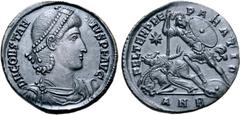 Roman Imperial Constantius II Æ Centenionalis. Antioch, AD 348-350. D N CONSTANTIVS P F AVG, pearl-diademed, draped and cuirassed bust right / FEL TEMP REPARATIO, helmeted soldier to left, shield on l