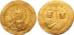 Byzantine Basil II Bulgaroktonos, with Constantine VIII, AV Histamenon Nomisma. Constantinople, AD 1005-1025. + IҺS XIS RЄX RЄGNANTIҺM, bust of Christ facing, wearing nimbus with crescents in upper qu