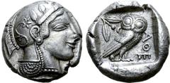 Greek Attica, Athens AR Tetradrachm. Circa 460-454 BC. Head of Athena right, wearing crested Attic helmet ornamented with three olive leaves above visor and spiral palmette on bowl, round earring with