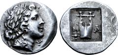 Greek Lykian League, Masikytes AR Hemidrachm. Circa 44-18 BC. Laureate head of Apollo right; Λ on neck, Y before / Kithara;, M-A across lower fields, plectrum below on left; all within shallow incuse 