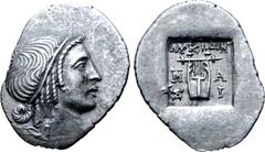 Greek Lykian League, Masikytes AR Hemidrachm. Circa 35-30 BC. Head of Apollo right, wearing taenia / Kithara; ΛYKIΩN above, M-A across upper fields, Σ-I across lower fields; all within shallow incuse 