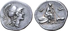 Roman Republic Anonymous AR Denarius. Rome, 115-114 BC. Head of Roma right, wearing winged and crested helmet; X behind, ROMA below / Roma, helmeted, seated right on two shields, holding spear before 