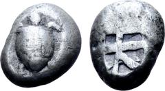 Greek Islands off Attica, Aegina AR Stater. Circa 525-475 BC. Sea turtle, head in profile, with 'T' design in pellets on shell / Incuse square with 'proto-skew' design. Meadows, Aegina, Group IIc; HGC