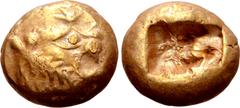 Greek Kingdom of Lydia, Alyattes EL Trite - 1/3 Stater. Sardes, circa 610-546 BC. Head of roaring lion right, sunburst with multiple rays on forehead / Two incuse square punches. Traité II/1, 44, pl. 