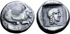 Greek Dynasts of Lycia, Uvug AR Tetrobol. Circa 470-440 BC. Forepart of winged, man-headed bull advancing right / Head of Aphrodite right; Lycian legend OFOV behind; all within incuse square. Müseler 