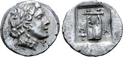 Greek Lykian League, Masikytes AR Hemidrachm. Circa 44-18 BC. Laureate head of Apollo right; Λ-Y across lower fields / Kithara;, M-A across lower fields, plectrum below on left; all within shallow inc