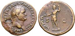 Roman Imperial Vespasian Æ Sestertius. Rome, AD 71. IMP C[AES V]ESPAS AVG P M TR P P P COS III, laureate head right / ROMA, Roma standing left, holding Victory and spear; S-C across fields. RIC 244; B