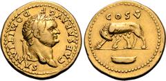 Roman Imperial Domitian, as Caesar, AV Aureus. Rome, AD 77-8. CAESAR AVG F DOMITIANVS, laureate head right / She-wolf suckling infants Romulus and Remus, COS V above, boat in exergue. RIC (Vespasian) 