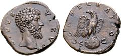 Roman Imperial Divus Lucius Verus Æ Sestertius. Struck under Marcus Aurelius. Rome, AD 169. DIVVS VERVS, bare head right / CONSECRATIO, eagle standing right, head left, on globe; S-C across fields. RI