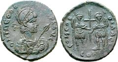 Roman Imperial Theodosius II Æ Maiorina. Cherson (or Constantinople), AD 402-450. D N TAEODO[SIVS] P F AVG (sic), helmeted, diademed and bearded bust right, holding shield on left arm and spear facing