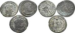 Large Lots Lot of 3 Late Roman Æ Nummi, Ex Roma, E-Sale 42. Includes: 1) Diocletian Ӕ Nummus. Treveri, AD 303-305. IMP DIOCLETIANVS P AVG, laureate and cuirassed bust right / GENIO POPVLI ROMANI, Geni
