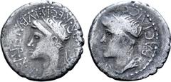Greek Kingdom of Mauretania, Juba II, with Cleopatra Selene, AR Denarius. Caesarea, dated RY 6 = 20/19 BC. REX•IVBA•REGIS•IVBAI•F•R•A•VI, diademed head of Juba left / BACIΛICCA KΛЄOΠATPA, diademed and