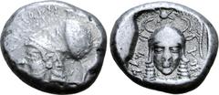 Greek Cyprus, Lapethos AR Stater. Sidqmelek, circa 435 BC. Head of Athena left, wearing crested Corinthian helmet; Phoenician inscription 'King of Lapethos' before / Head of Athena facing, wearing nec