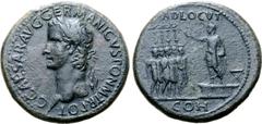 Roman Imperial Caligula Æ Sestertius. Rome, AD 37. C CAESAR AVG GERMANICVS PON M TR POT, laureate head left / ADLOCVT, Gaius 'Caligula', bare-headed and togate, standing to left with right hand raised