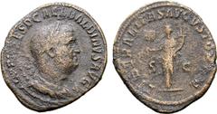 Roman Imperial Balbinus Æ Sestertius. Rome, AD 238. IMP CAES D CAEL BALBINVS AVG, laureate, draped and cuirassed bust right / LIBERALITAS AVGVSTORVM, Liberalitas standing left, holding abacus and corn