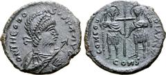 Roman Imperial Theodosius II Æ Maiorina. Cherson (or Constantinople), AD 402-450. D N THEODOSIVS P F AVG, helmeted, diademed and bearded bust right, holding shield on left arm and spear facing forward