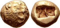 Greek Kingdom of Lydia, Alyattes EL Trite - 1/3 Stater. Sardes, circa 610-546 BC. Head of roaring lion right, sunburst with multiple rays on forehead / Two incuse square punches. Traité II/1, 44, pl. 