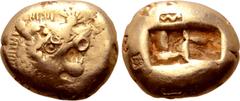 Greek Kingdom of Lydia, Alyattes EL Trite - 1/3 Stater. Sardes, circa 610-546 BC. Head of roaring lion right, sunburst with multiple rays on forehead / Two incuse square punches. Traité II/1, 44, pl. 