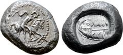 Greek Cilicia, Homoi AR Stater. Persic standard. Circa 440-400 BC. Caped rider dismounting from horse to right / Stern of galley to left, OΛMI above. Unpublished in the standard references; Roma XVI, 