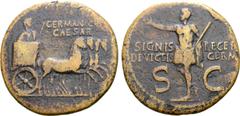 Roman Imperial Germanicus (father of Caligula) Æ Dupondius. Rome, AD 37-41. GERMANICVS CAESAR, Germanicus, bare-headed, draped and holding eagle-tipped sceptre and reins, driving triumphal quadriga ri