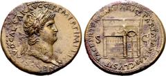 Roman Imperial Nero Æ Sestertius. Rome, AD 65. NERO CLAVD CAESAR AVG GER P M TR P IMP P P, laureate bust right, wearing aegis on left shoulder / PACE P R TERRA [MARI]Q PARTA IANVM CLVSIT, view of the 